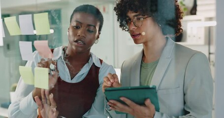 Poster - Tablet, teamwork and business people in office, sticky note and planning for project. Employees, coworkers or creative agency with tech, company development or social media with idea or brainstorming