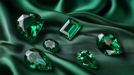 Poster - Multiple green gemstones are elegantly arranged on luxurious dark green fabric.