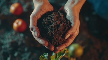 Aufkleber - Hands grasping dark soil filled with nutrients, surrounded by ripe fruits and healthy plants in a sunny garden environment. Generative AI