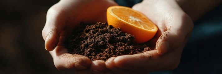 Poster - Hands filled with fertile soil cradle a vibrant orange slice, symbolizing growth and the connection to nature in a garden. Generative AI
