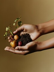 Poster - Two hands cradle a handful of dark soil, colorful fruits, and small green plants, symbolizing growth and connection to nature. Generative AI