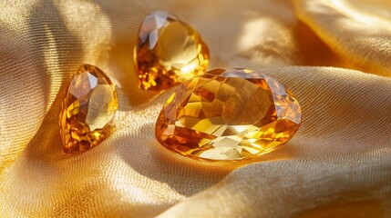 Poster - Three stunning orange gemstones rest elegantly on a piece of soft, golden fabric. The natural light enhances their brilliance, showcasing intricate facets and warm colors.