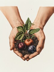 Aufkleber - Hands cradle a handful of soil, showcasing vibrant fruits and a budding plant, symbolizing growth and nature's bounty in a warm environment. Generative AI