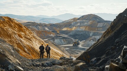 Leinwandbilder - Two workers observe a gemstone mining operation in a large quarry filled with colorful mineral layers. Machinery can be seen in the background, highlighting the scale of the mining activity.