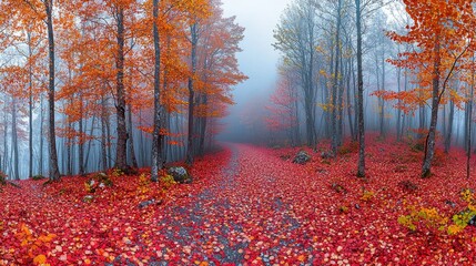 Poster - A tranquil forest comes alive with the brilliance of autumn foliage as fallen leaves create a vibrant carpet along a winding path. Morning fog enhances the serene atmosphere, inviting exploration