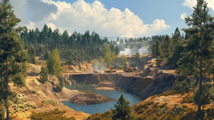 Leinwandbilder - Excavators work at a gemstone mining location with a tranquil lake in the foreground, framed by green trees under a bright sky with scattered clouds.