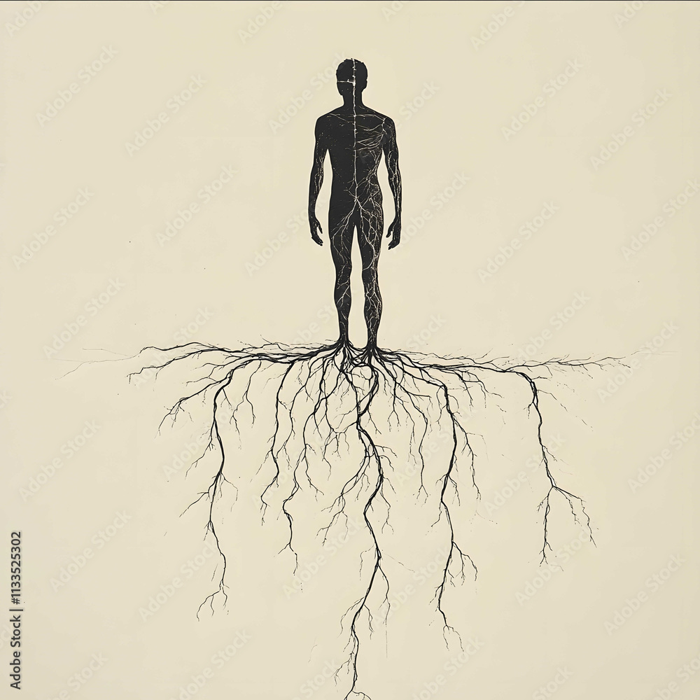 An image of a person taking root from their feet on the ground Draw the ...