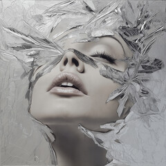 Wall Mural - An abstract artistic depiction of a woman's face wrapped in silver foil