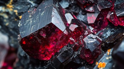 Poster - Close-up view of stunning ruby gemstones displaying unique crystal shapes and vivid red hues nestled among dark minerals. The image captures the beauty of nature's artistry in gemstone formation.
