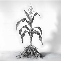 Wall Mural - a black and white single corn stalk showing corn cobs growing and showing its roots