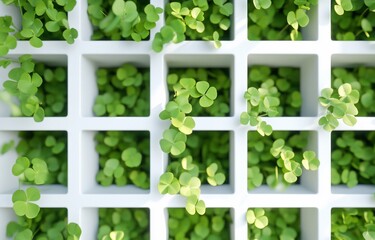 Wall Mural - A grid of small green plants growing in a white planter.