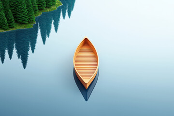 Wall Mural - cozy canoe floating in calm stream surrounded by lush trees creates serene atmosphere