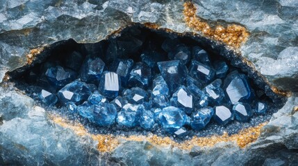 Aufkleber - Inside a rock formation, a stunning cluster of blue gemstones reveals their sparkling facets. The surrounding surface displays a mix of textures and colors, emphasizing nature's craftsmanship.