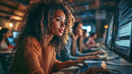 Poster - Focused Programmer:  A young woman deeply engrossed in coding late at night in a busy office environment.