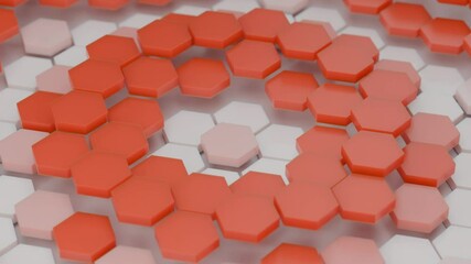 Poster - Abstract background, 3d looping animation of a multitude of hexagonal tiles that rise and fall forming concentric waves, from the center to the edge. The tiles change color.