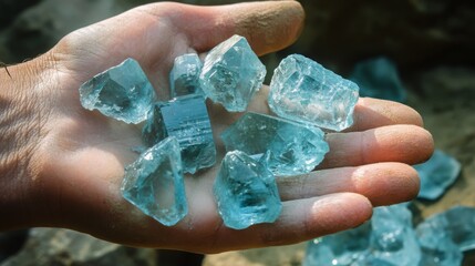 Aufkleber - A person's hand displays numerous sparkling blue gemstones collected from a natural source. The setting suggests a mineral-rich area with sunlight enhancing the gems' clarity and color.
