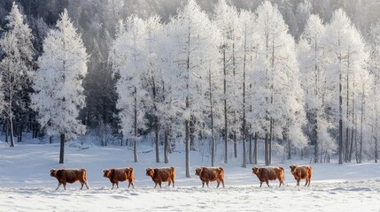 Aufkleber - A herd of Red Altai cows moves through a pristine, snow-blanketed landscape while tall, frosted trees shade the backdrop. The serene winter setting captures the essence of nature’s beauty