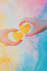 Aufkleber - Two hands form heart shapes with yellow cutouts against a soft pastel background