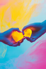 Poster - Brightly colored hands holding yellow hearts against a vibrant pastel background during an artistic expression event