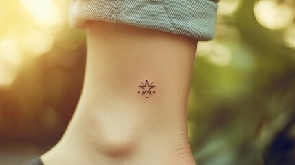 Close-up of a small star tattoo on a woman's ankle.