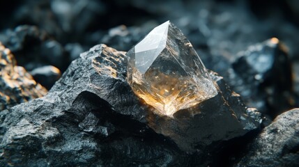 Poster - A clear ai gemstone glimmers atop rough, dark rocks, showcasing its sharp edges and captivating clarity. The interplay of light on the stone emphasizes its unique beauty in this serene environment.