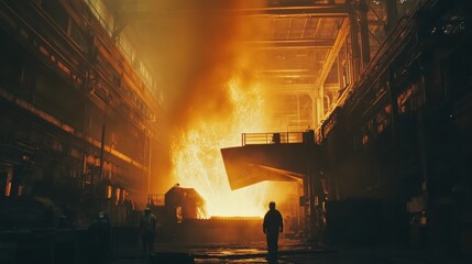 Leinwandbilder - Molten metal is being poured into molds, creating bright flames and flying sparks in a large industrial hall during nighttime operations. Generative AI