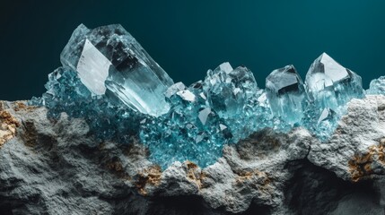 Poster - Glimmering blue gemstones rest on a rugged rock formation, showcasing their brilliant clarity and sharp edges. The soft lighting enhances the visual appeal of the colorful mineral backdrop.