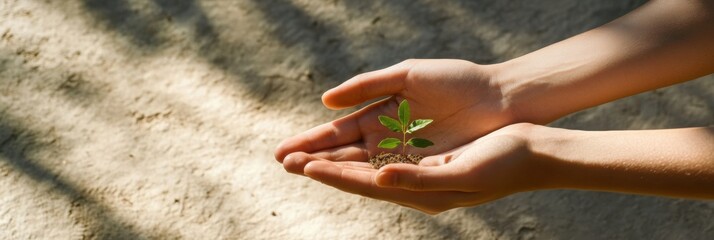 Aufkleber - Hands carefully cradle a tiny seedling, showcasing a commitment to nurturing new life in a bright outdoor setting. Generative AI