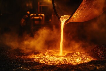 Aufkleber - Hot metal flows into casting molds as flames and sparks erupt in an industrial hall during a captivating manufacturing process. Generative AI