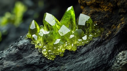 Poster - Bright green crystals burst from a dark rock base, displaying sharp, angular shapes. The striking contrast highlights the vibrant hue of the gemstones against the rugged texture of the stone.