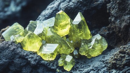 Poster - Bright yellow gemstones are clustered together on a rugged, dark rock surface. The sharp shapes and reflective surfaces catch light beautifully, showcasing their natural allure and earthy setting.