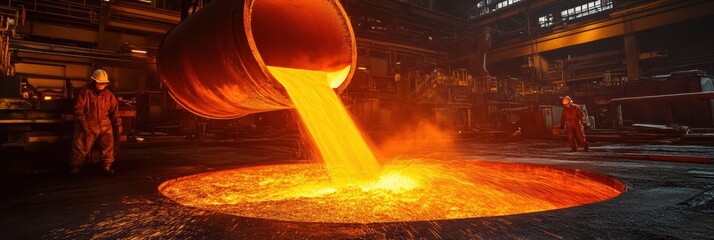 Aufkleber - Molten metal is being poured into casting molds, creating an intense display of flames and sparks in an industrial manufacturing facility. Generative AI