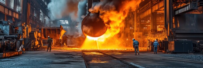 Aufkleber - Molten metal is being poured into casting molds, creating flames and sparks in a bustling industrial hall, showcasing the manufacturing process. Generative AI