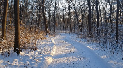 Aufkleber - Snow-covered trails meander through a tranquil forest, illuminated by soft morning sunlight. The stillness of winter surrounds the path, inviting adventure and exploration