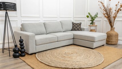 Aufkleber - The room exudes a bright ambiance featuring a comfortable light gray sectional surrounded by a textured jute rug that contrasts beautifully with sleek black decorative