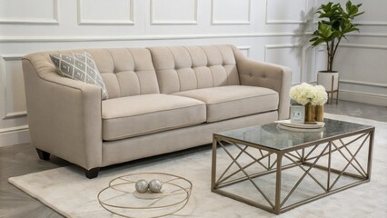 Aufkleber - In this stylish living space a chic contemporary sofa in a muted color offers ample seating while a sy geometric coffee table with a brushed steel finish anchors the area