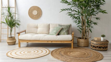Poster - An inviting space highlighting a stylish low sofa that complements a towering indoor plant with multiple textured rugs artistically layered to enhance the atmosphere.