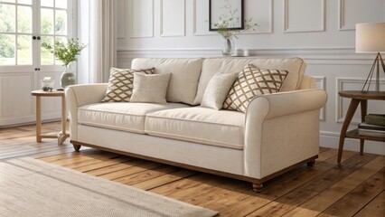 Poster - The sunsoaked living space highlights a plush linen couch complemented by rich natural wood flooring and sleek furnishings that emphasize a clean and uncluttered aesthetic.