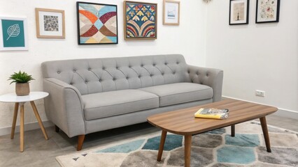 Poster - The inviting space showcases a soft gray tufted sofa paired with a modern wooden coffee table while colorful contemporary art pieces create a striking focal point on the