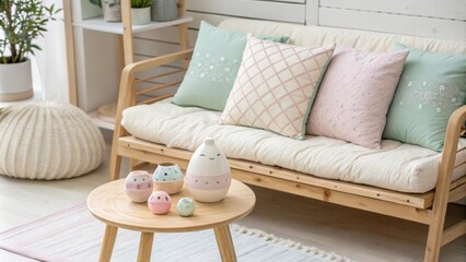 Poster - A stylish arrangement includes a contemporary light wood sofa with delicate pastelcolored pillows alongside a small round table holding handcrafted ceramic decor pieces