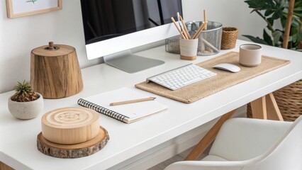 Poster - A stylish workspace with a clean white desk and modern accessories accentuated by a smooth natural wood centerpiece that introduces an organic element to the minimalist