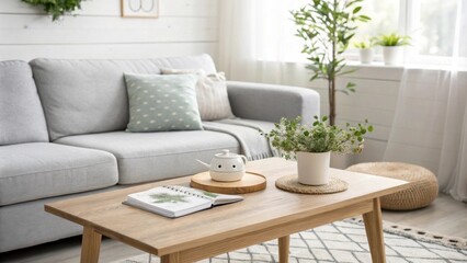 Poster - A bright and airy room centered around a comfortable gray sectional and a simple wooden coffee table decorated with subtle greenery and soft lighting.