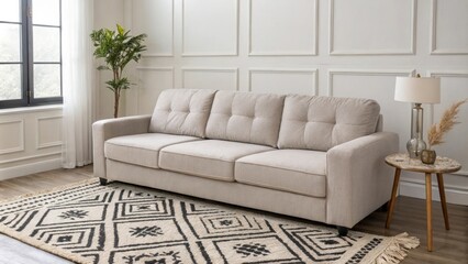 Poster - An elegantly simple living room adorned with a plush modular sofa in muted gray set against a backdrop of neutral walls complemented by a striking patterned rug.
