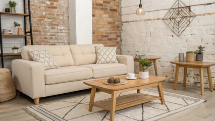 Poster - The living room exudes tranquility with a light beige sofa complemented by wooden coffee tables and subtle geometric decor pieces harmonizing with exposed brick walls that