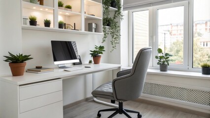 Poster - An openconcept office bathed in natural light featuring a sleek desk and ergonomic chair with decorative plants p on shelves and window sills infusing the space with a