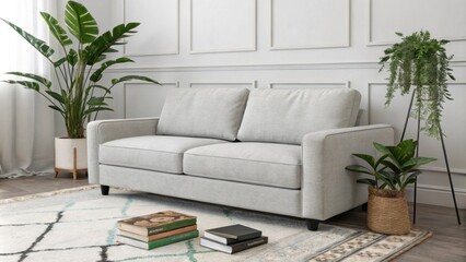 Poster - A minimalist living room design featuring a soft gray couch accented by a few indoor plants and a small pile of books on the floor beside a contemporary rug.