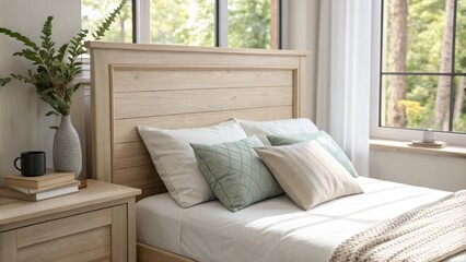 Poster - A serene retreat highlighted by a light wood headboard simple white bedding and muted throw pillows creating a relaxing environment filled with natural light.
