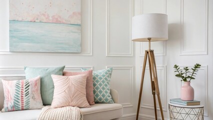 Poster - A serene and uncluttered living room with subtle pastel accents in throw pillows a contemporary floor lamp and a large abstract painting adding a touch of color all set