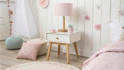 Poster - A cozy retreat adorned with a simple yet chic bedside table holding a pastel lamp light wood floors extending throughout the room and walls enhanced by delicate pastel decor
