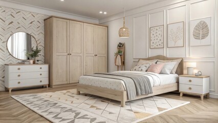Poster - An elegant bedroom design featuring light wood accents a subtle area rug and a palette of neutral colors that evoke a peaceful Scandinavianinspired ambiance.